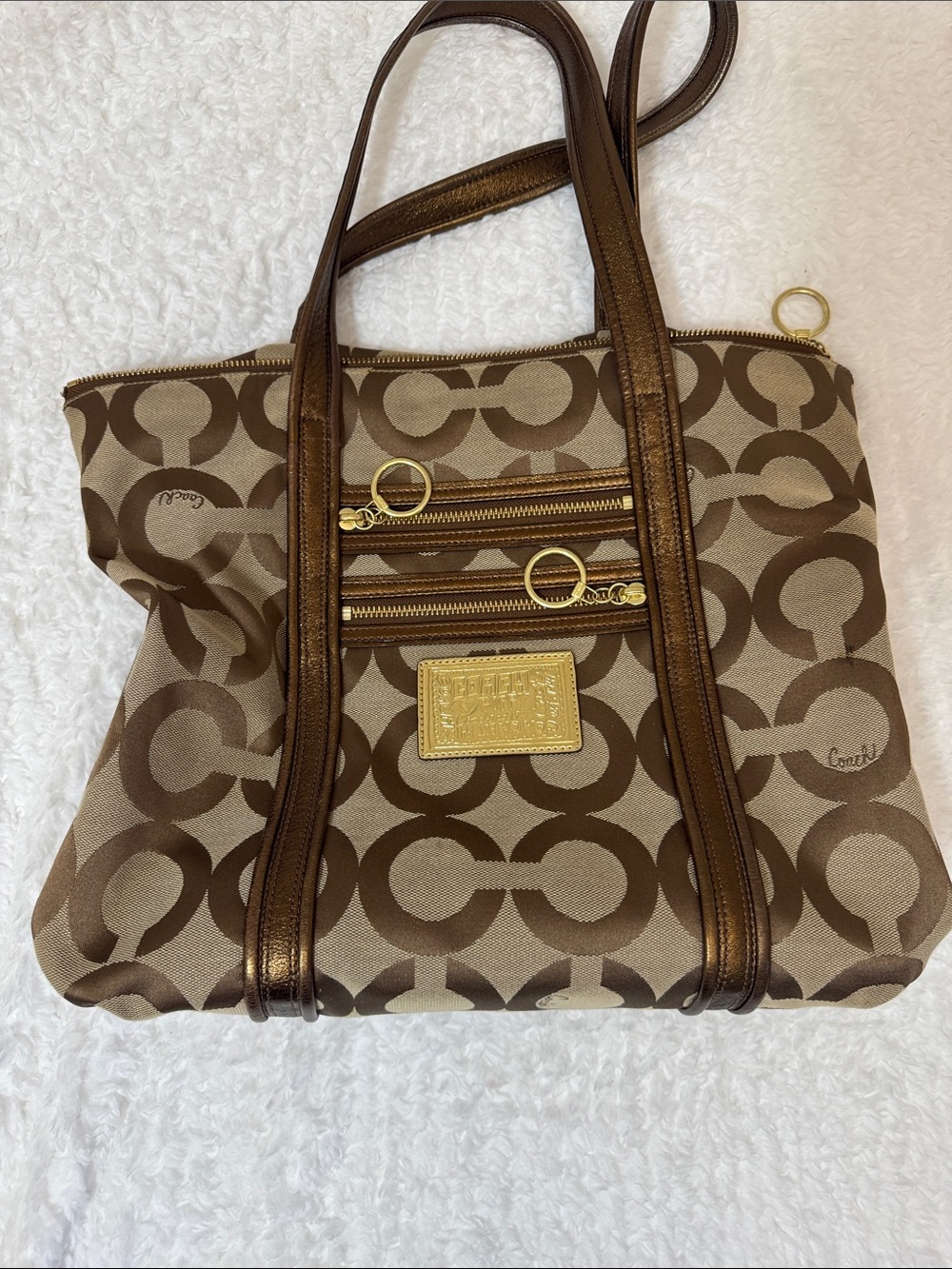 Coach Poppy Brown Signature Canvas Tote with Bronze Leather Trim